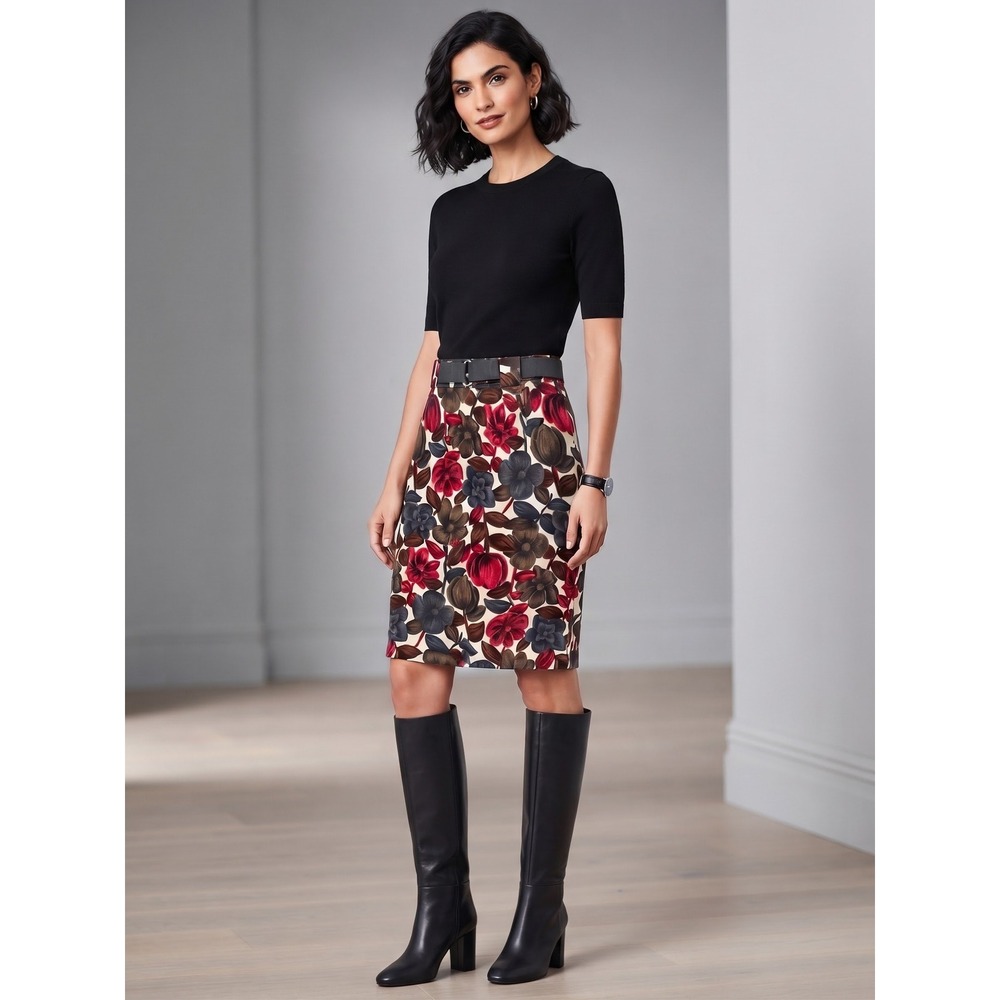 Boden Floral Cotton Linen Belted Pencil Skirt Red Brown Size US 10